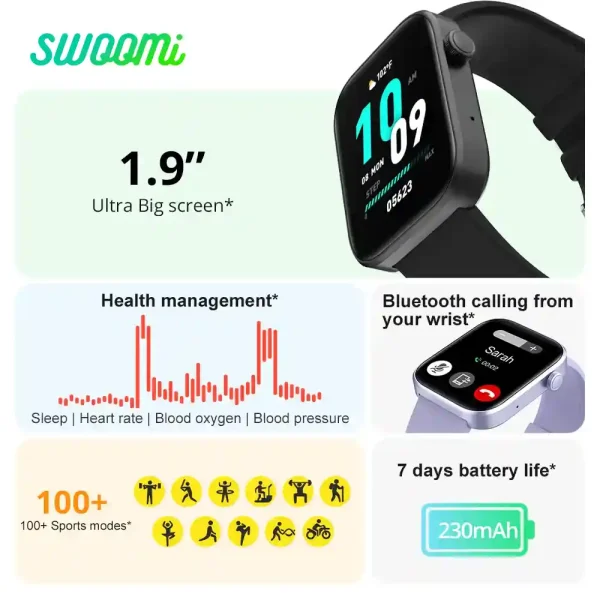 SWOOMi P71 Smartwatch – 1.9″ Display, Voice Calling & Assistant – Features SWOOMi P71 Smartwatch – 1.9″ Display, Voice Calling & Assistant - Features